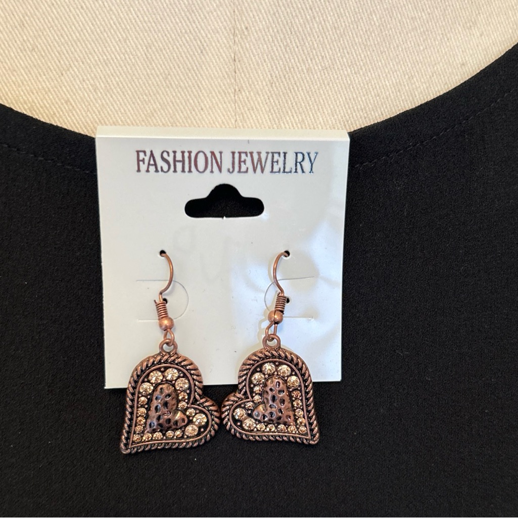 New With Tags Bronze & Rhinestone Pierced Hanging Earrings W Intricate Metal